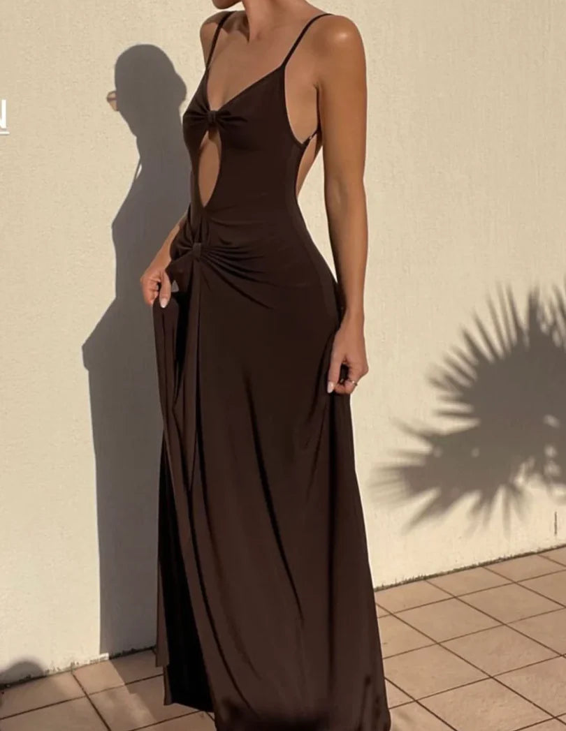 Luolandi Chocolate Spaghetti Straps Backless Elegant Party Dress Charming Evening Dress